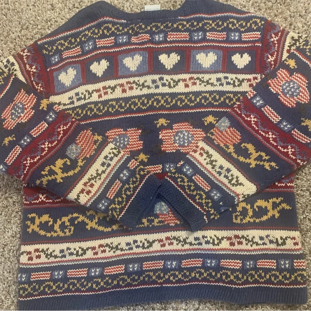 Talbots Americana Hearts Vintage 90s Linen Blend Hand Knit Cardigan Sweater - Picture 3 of 13